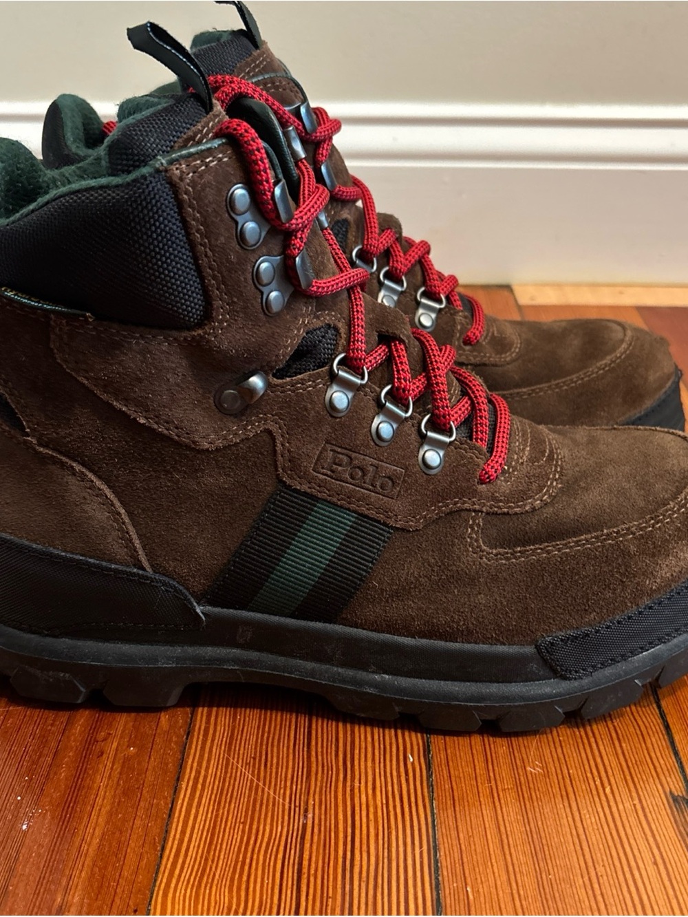 Men’s Polo by Ralph Lauren Brown Suede Oslo Tactical Boots with Red Laces 9.5D